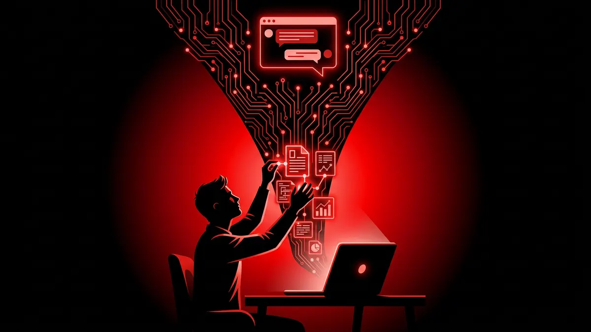 Developer connecting document and data icons into a pipeline that feeds a chat interface