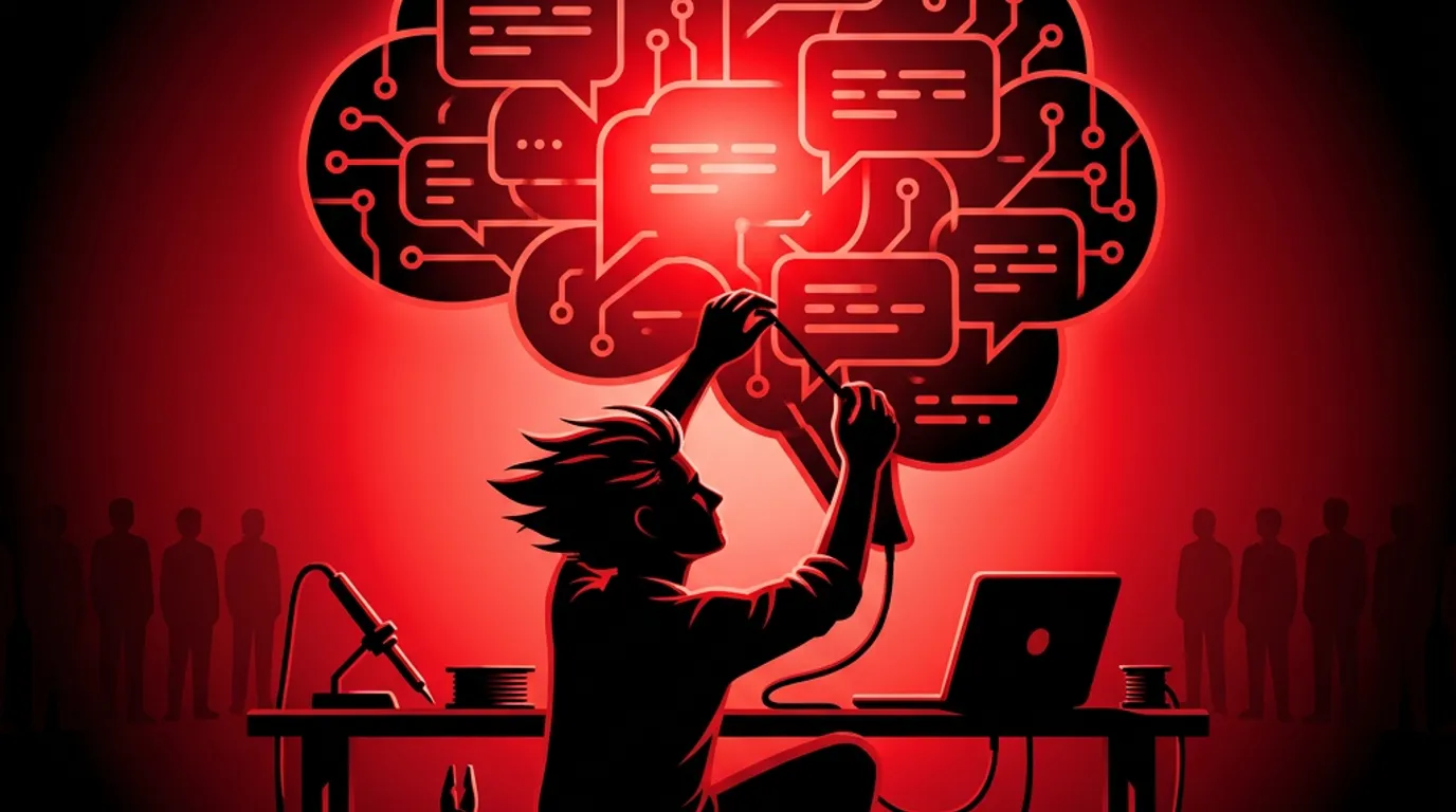 Illustrated developer silhouette wiring together a glowing red brain-shaped cloud of chat...