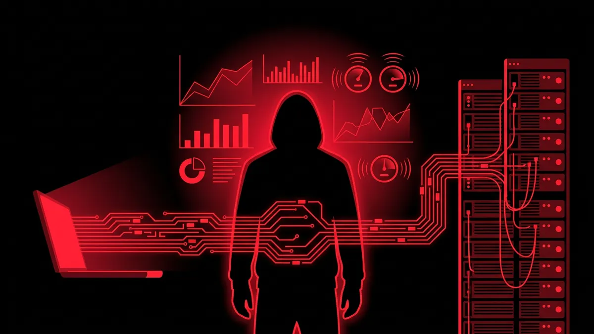 Developer between monitoring dashboards and a server rack, linked by circuit lines