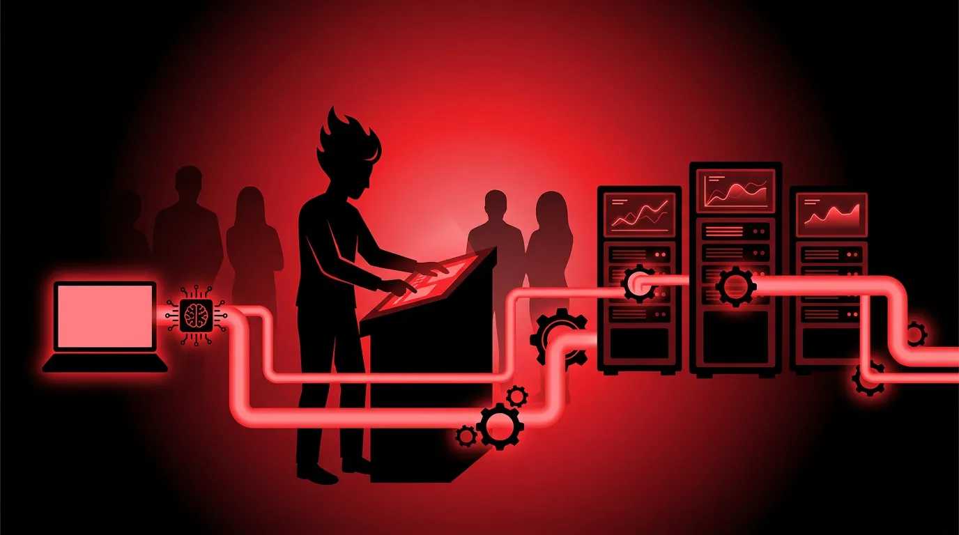 Rockstar developer silhouette at a control panel routing a machine learning pipeline from a...