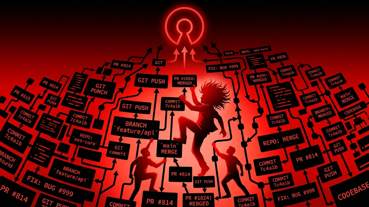 Rockstar developer climbing through open source contribution graphs and pull request dashboards