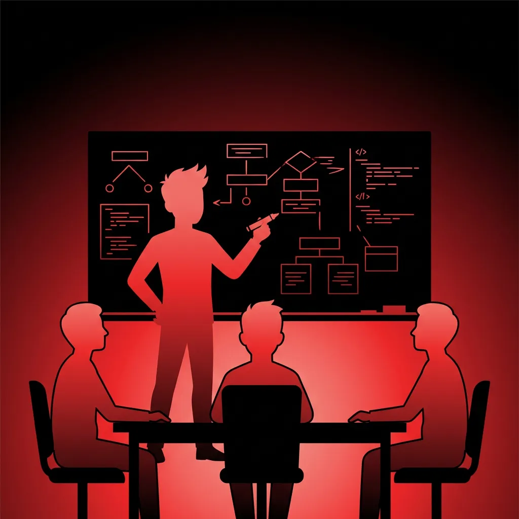 Developer confidently presenting at a whiteboard during a technical interview