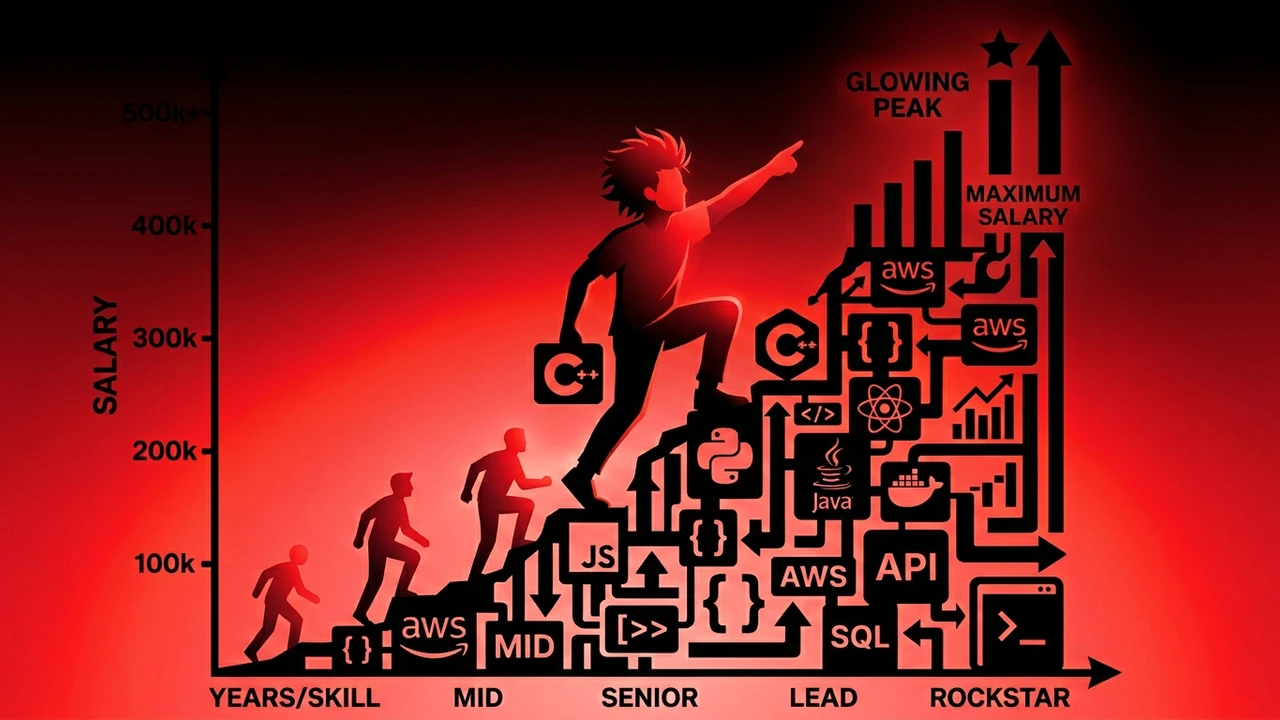 Rockstar developer scaling a giant salary chart made of programming language symbols