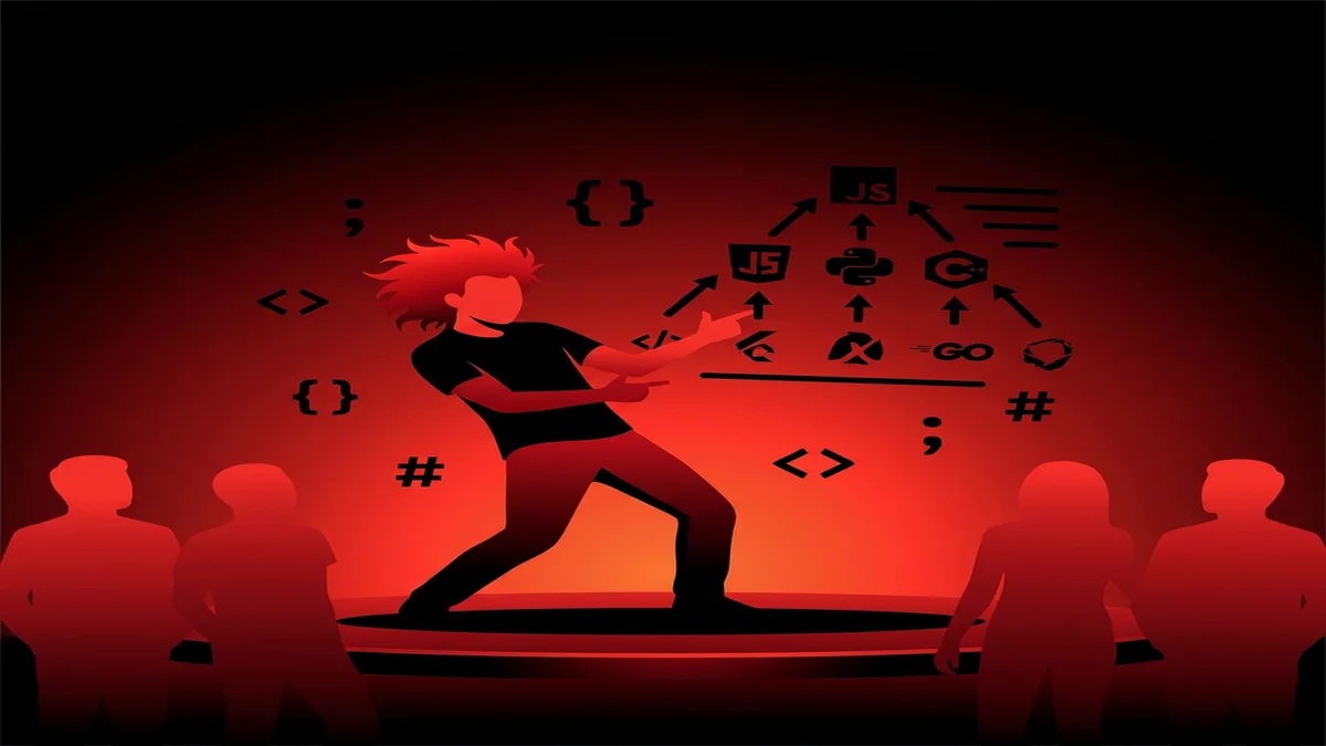 Rockstar developer examining floating programming language rankings and code syntax