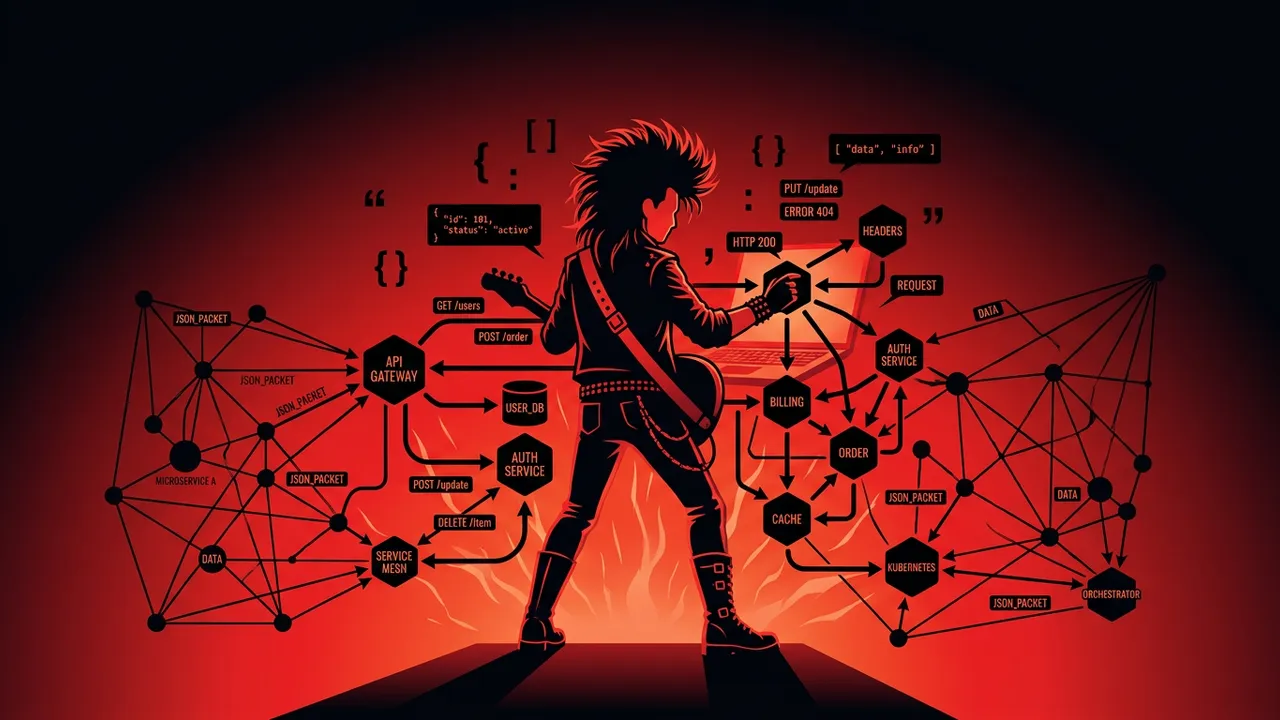 Rockstar developer designing REST APIs with connected endpoints and data flowing between services