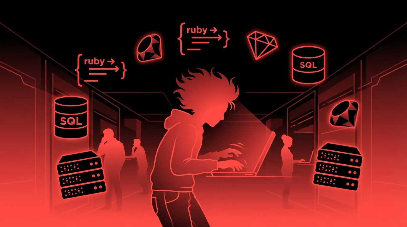 Rockstar developer building a Ruby on Rails backend with code and server stack illustrations