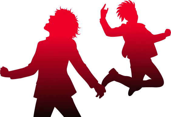 Two red silhouettes of developers celebrating and jumping with joy