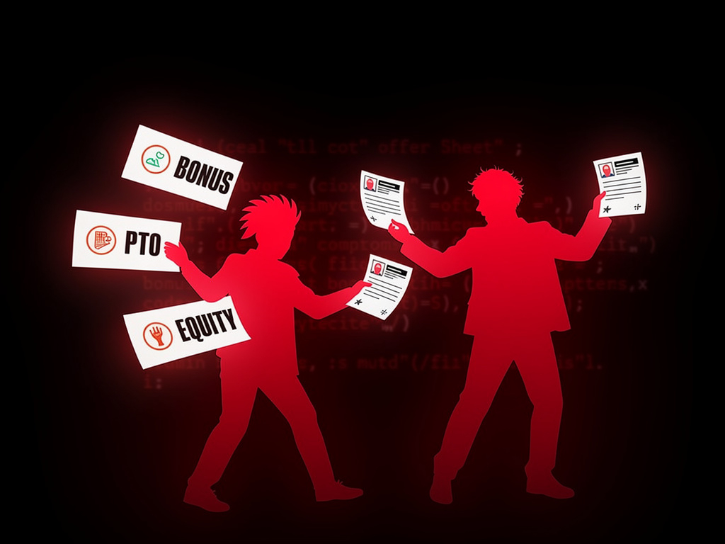 Two red silhouettes of people comparing documents labeled Bonus, PTO, and Equity