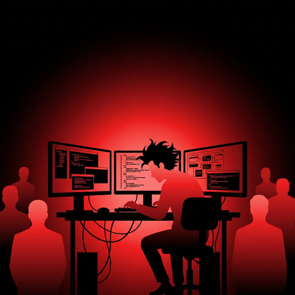 Senior software engineer working at computer with code interfaces