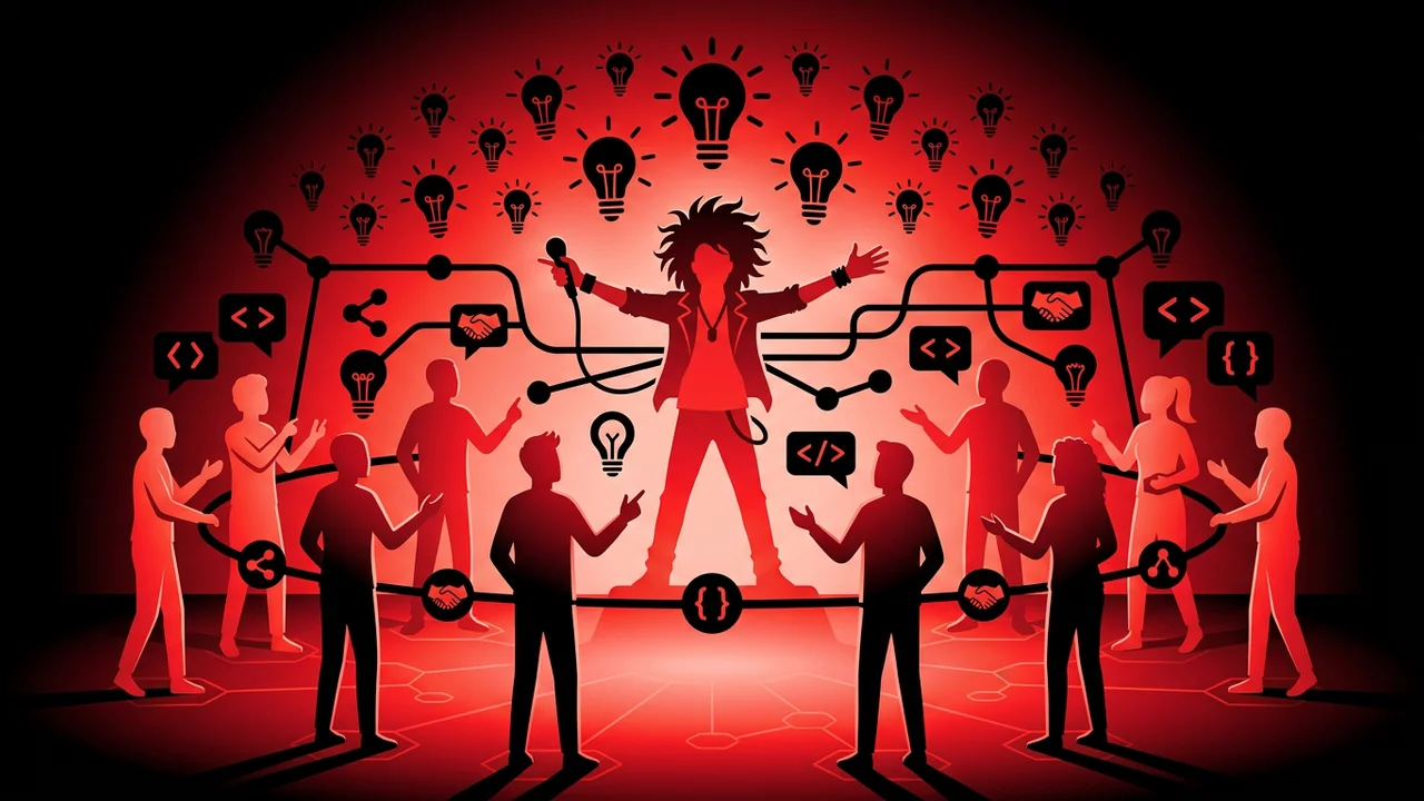 Rockstar developer silhouette collaborating with team members in red and black duotone style