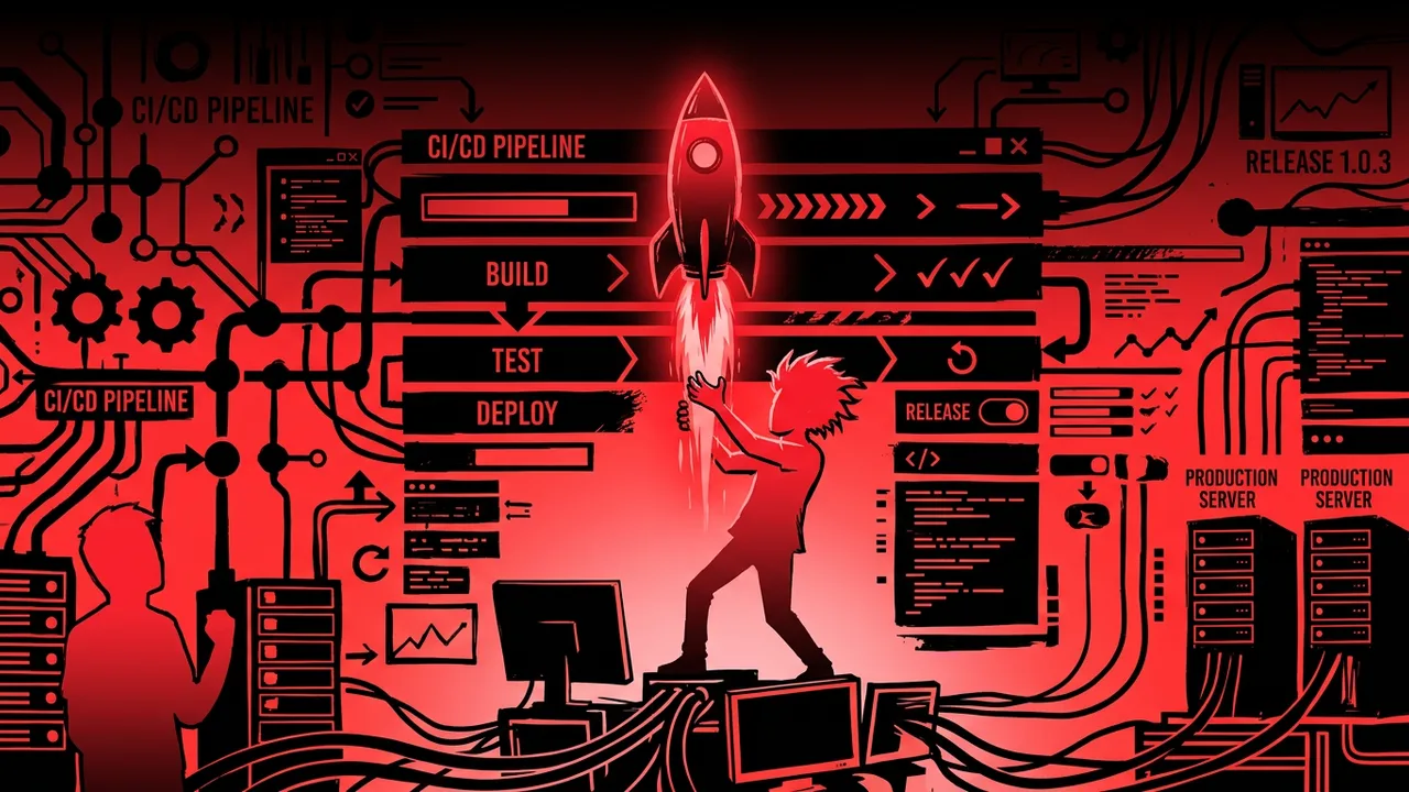 Rockstar developer launching glowing deployment rockets through red and black CI/CD pipeline dashboards
