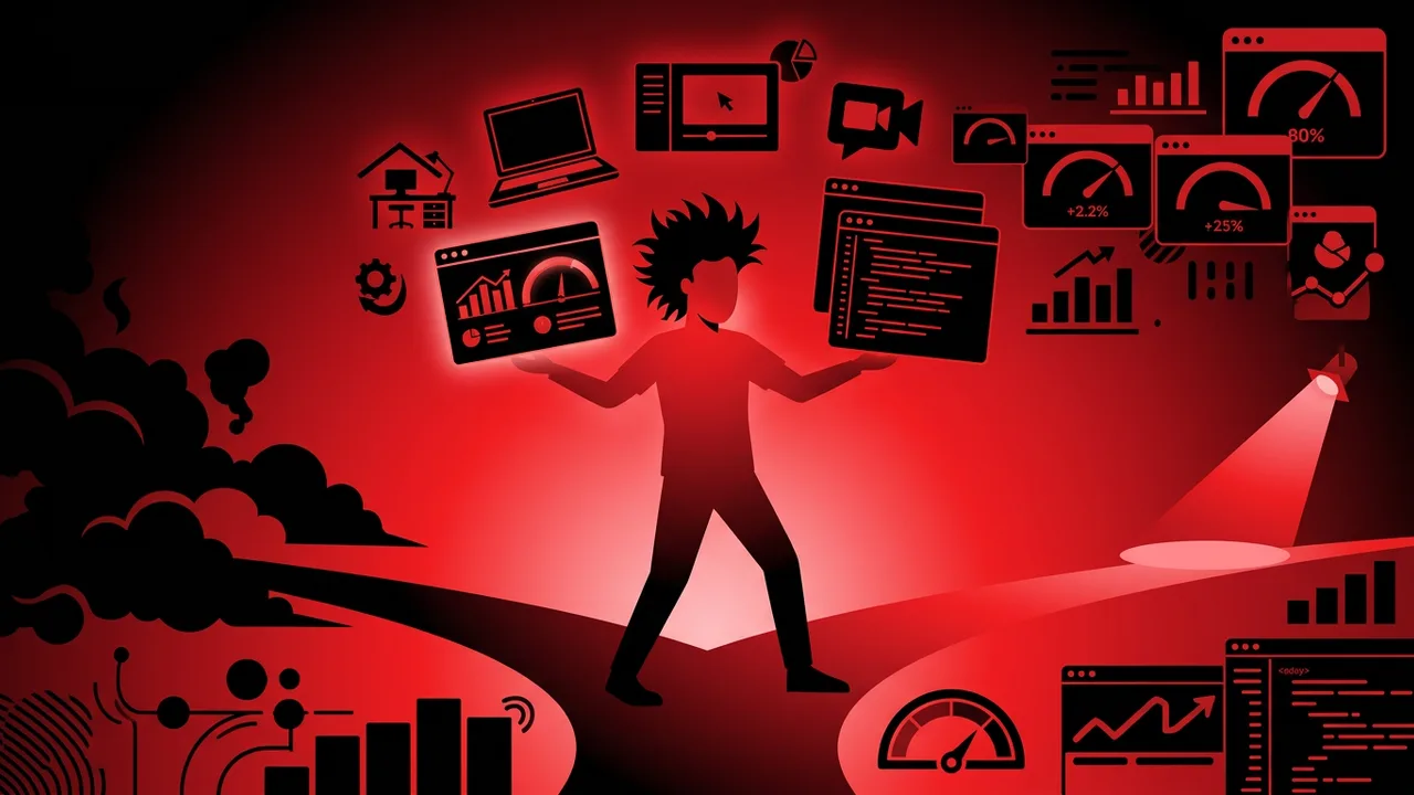Duotone red and black illustration of a rockstar developer balancing work satisfaction metrics