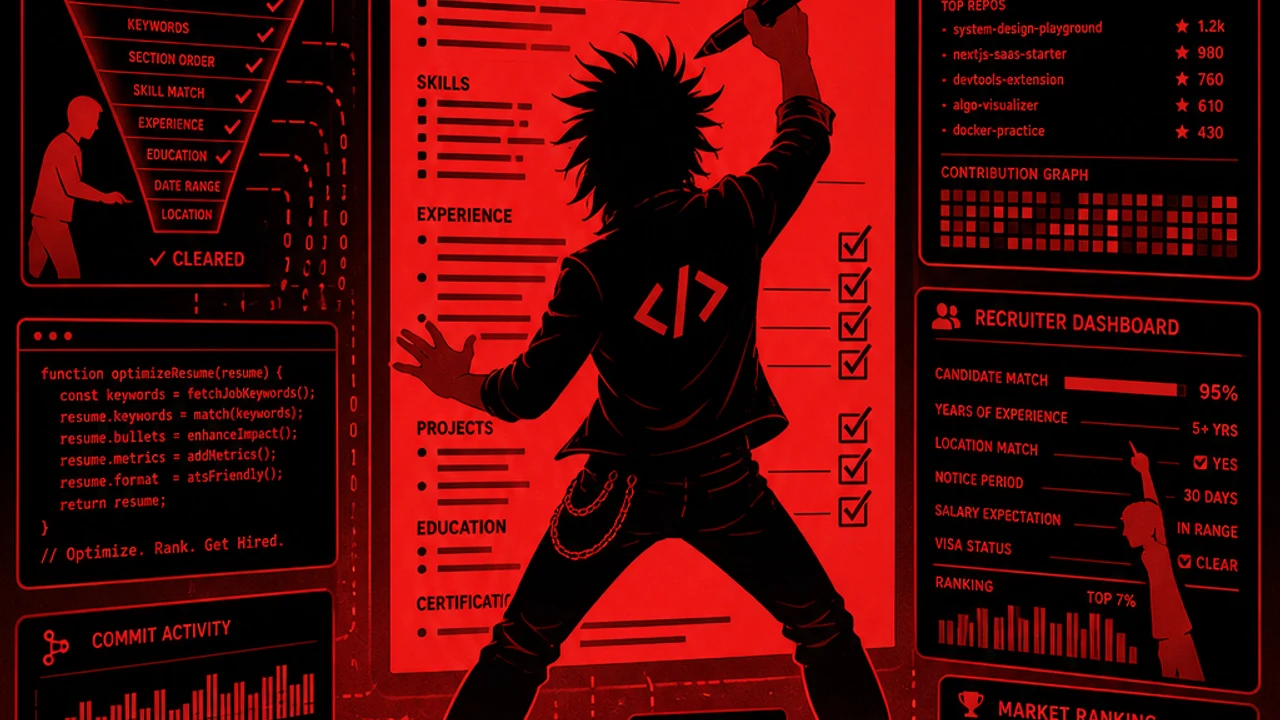 Duotone red and black illustration of a rockstar developer optimizing a resume and developer...