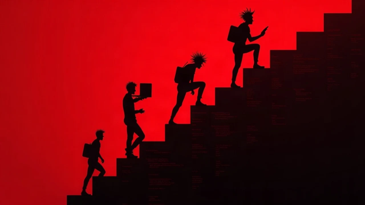 Rockstar software developer climbing a rising salary chart made from code blocks