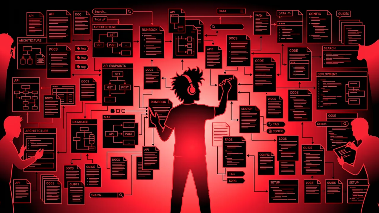 Rockstar developer organizing glowing red documentation pages and API diagrams in a black...
