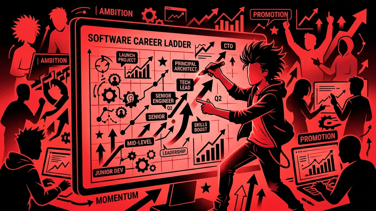 Rockstar developer mapping software engineer career goals on a glowing red career roadmap