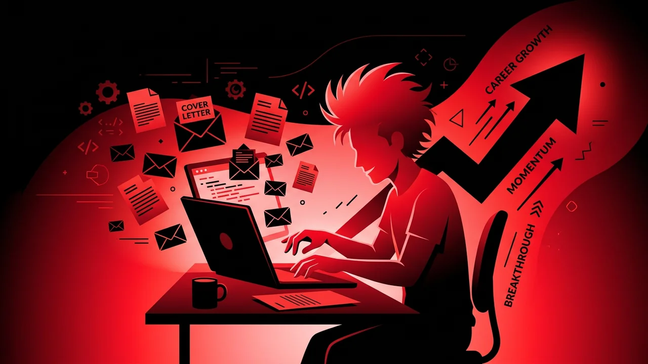 Developer writing a cover letter on a laptop with job application documents