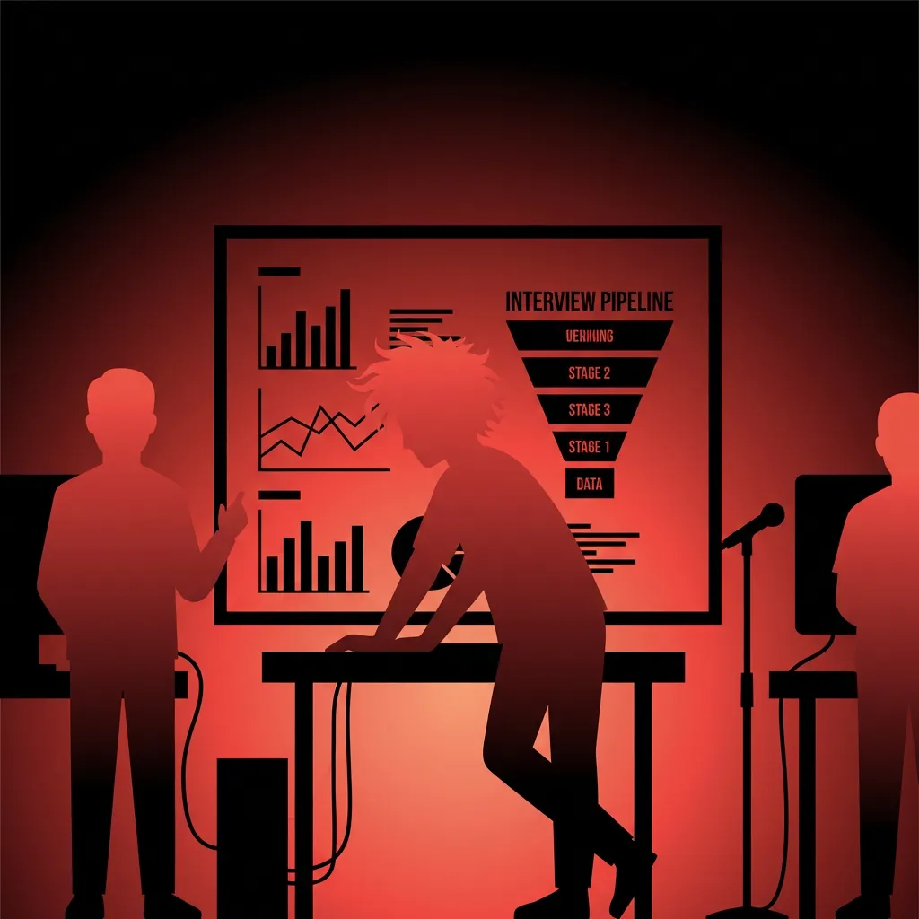 Rockstar developer analyzing interview data charts and hiring funnel statistics