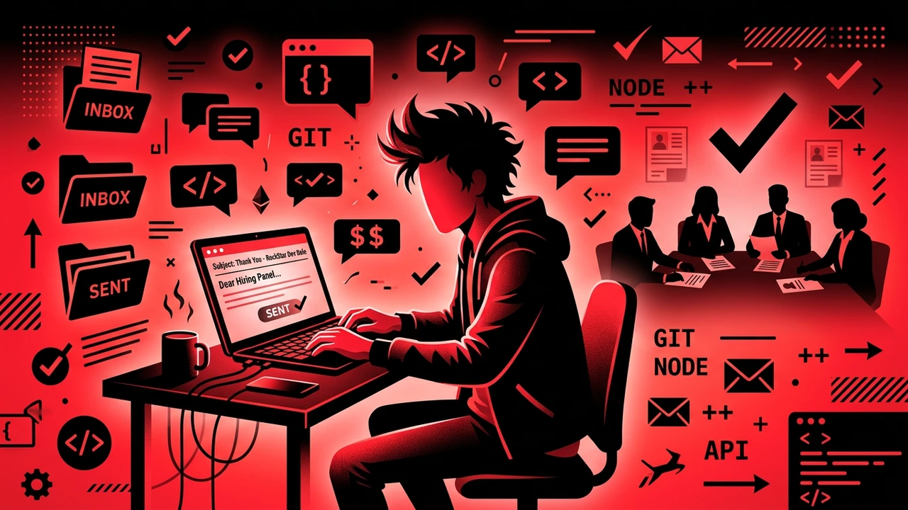 Rockstar developer sending a polished interview follow-up email from a laptop after a successful meeting