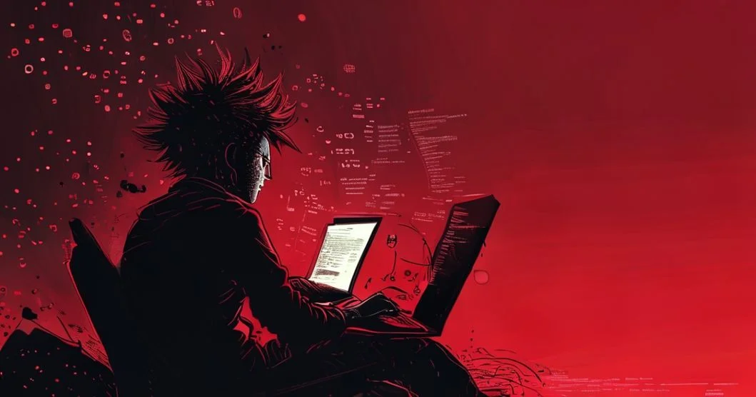 Developer blogging with code and text floating from laptop screen