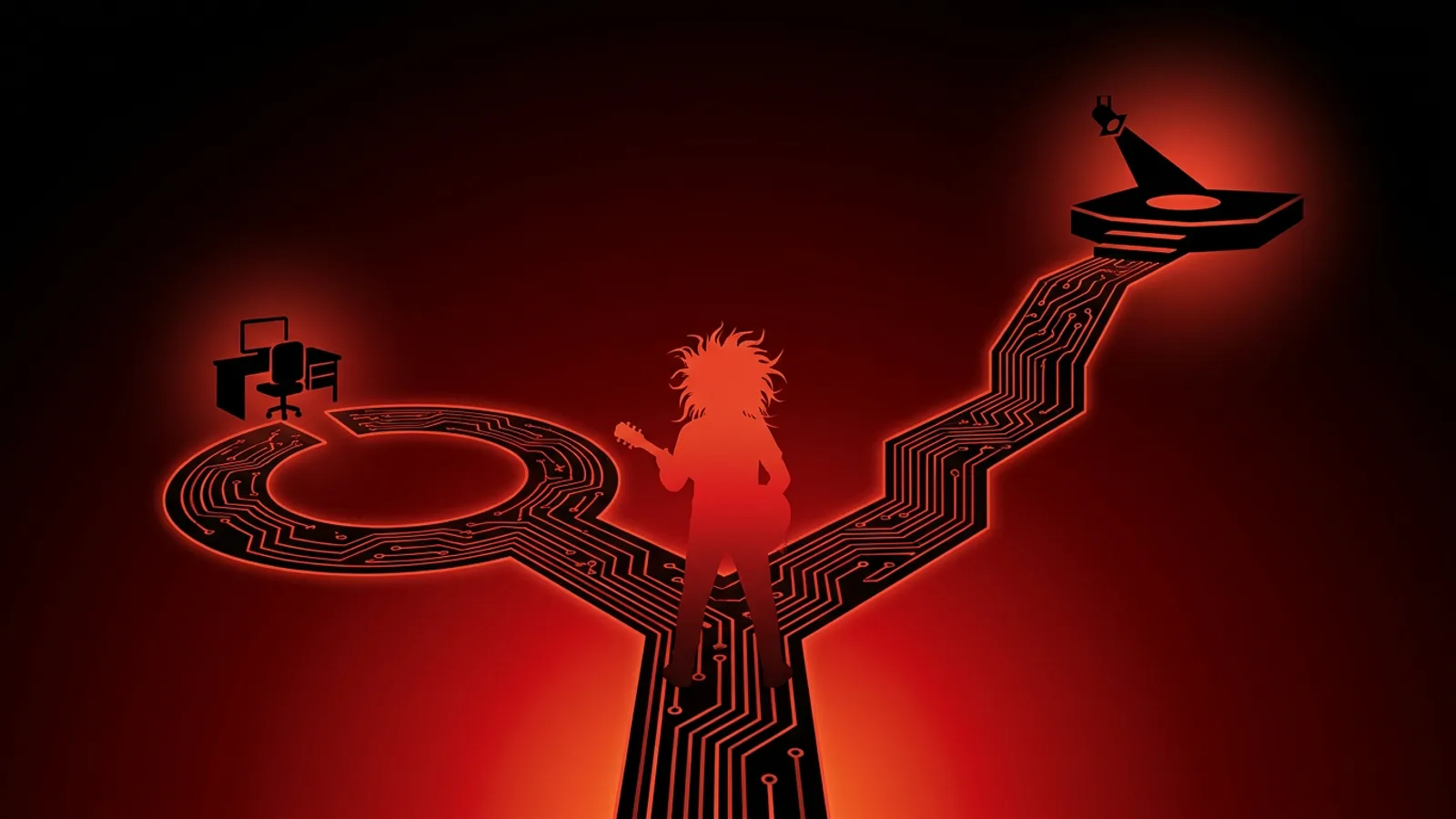 Duotone red and black illustration of a rockstar developer silhouette standing at a crossroads...