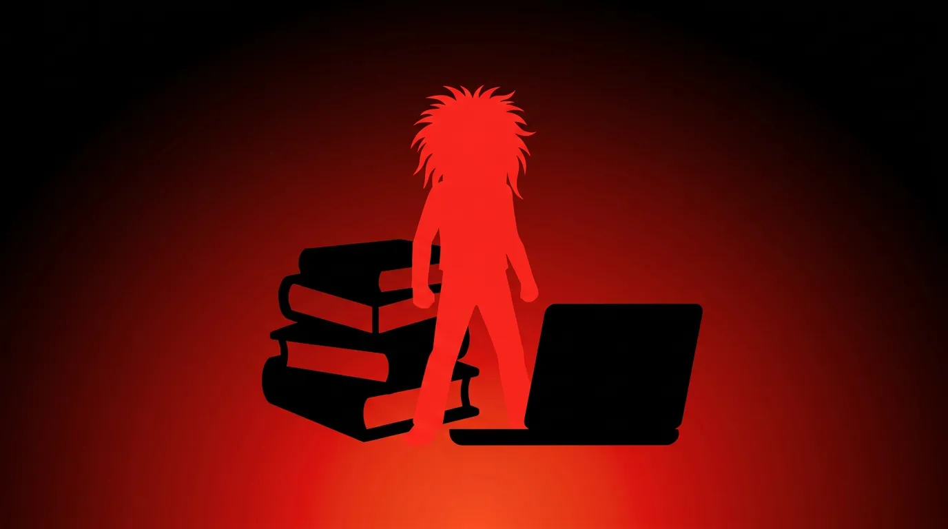 Rockstar developer studying a glowing red SI course curriculum projected across multiple screens