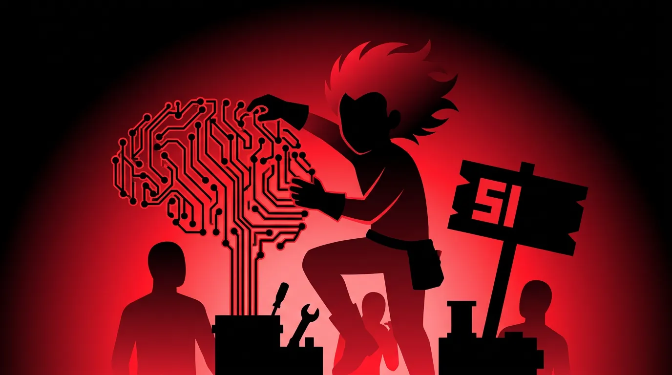 Rockstar developer engineer standing before a glowing red super intelligence core