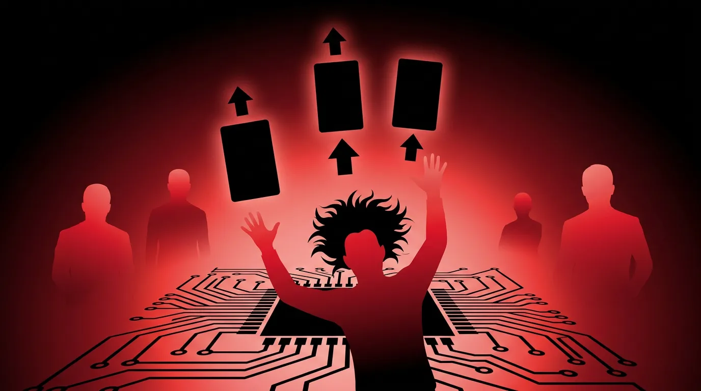 Rockstar developer silhouette reaching toward a glowing red Super Intelligence job listing