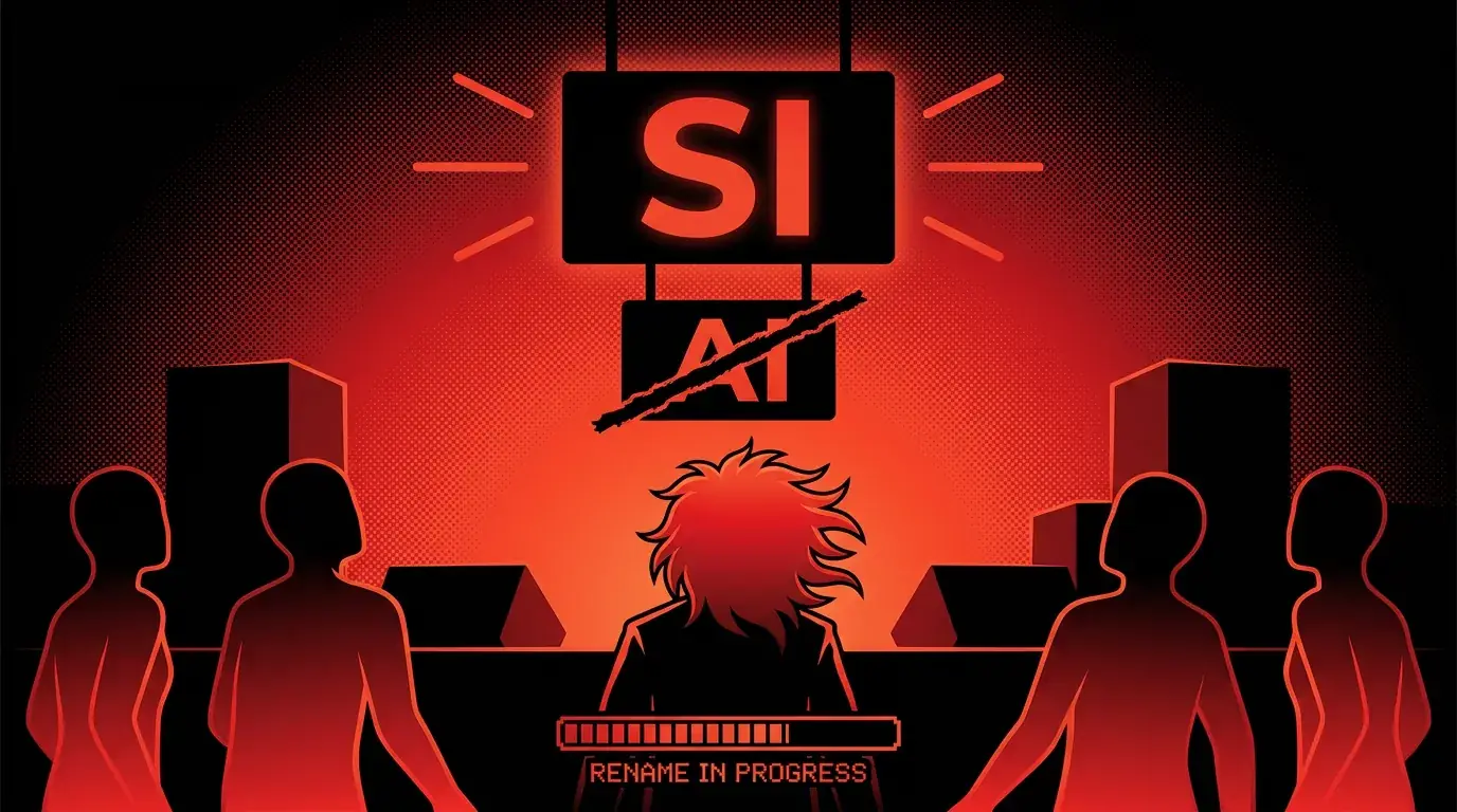 Rockstar developer comparing two glowing red cores labeled AI and super intelligence