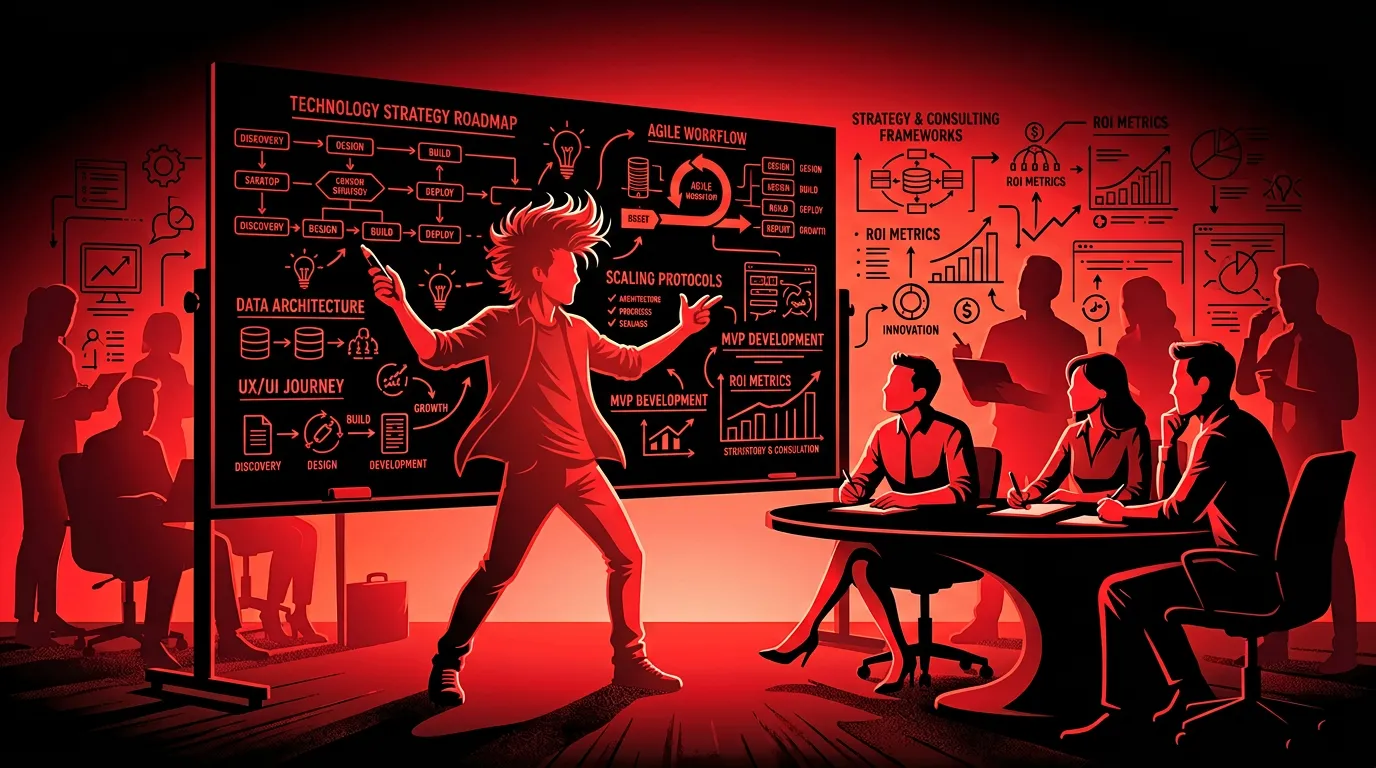 Technology consultant presenting strategy to business executives