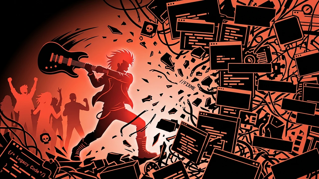 Rockstar developer silhouette breaking through a wall of tangled legacy code in red and black duotone style