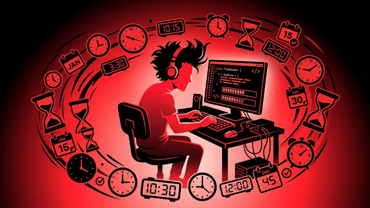 Developer managing time with clocks and code flowing around them