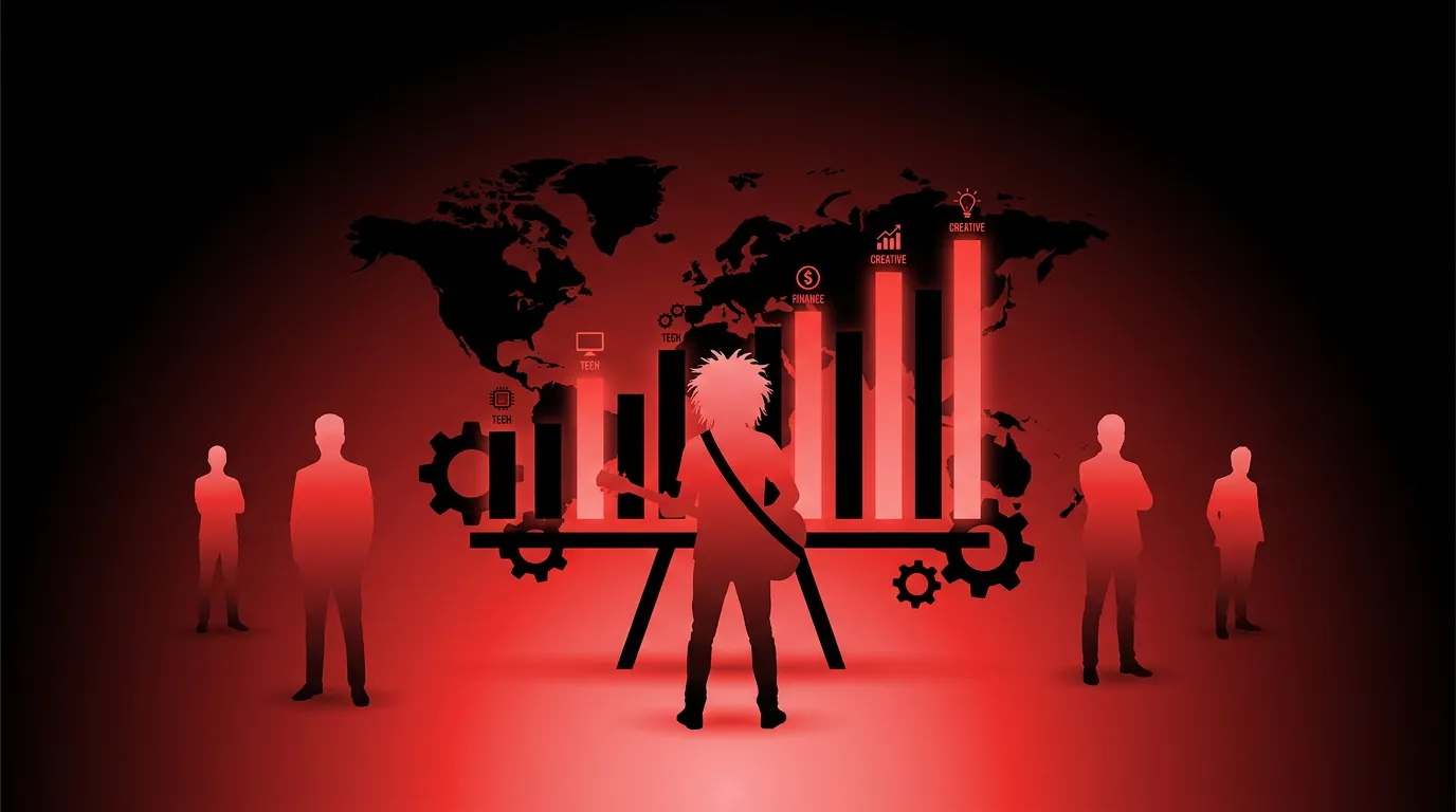 Rockstar developer reading AI job-loss headlines on a glowing red and black data wall, unbothered